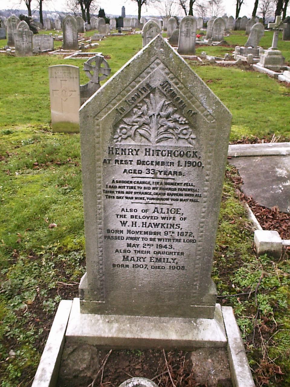 Henry Hitchcock's headstone in Nottingham Road Cemetary, Derby.